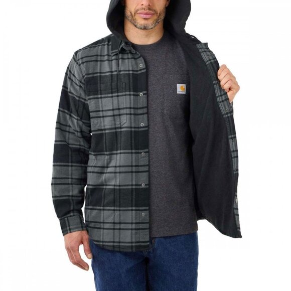 Carhartt Men's Grey Rugged Flex Relaxed Fit Hooded Fleece Flannel Shirt Size L